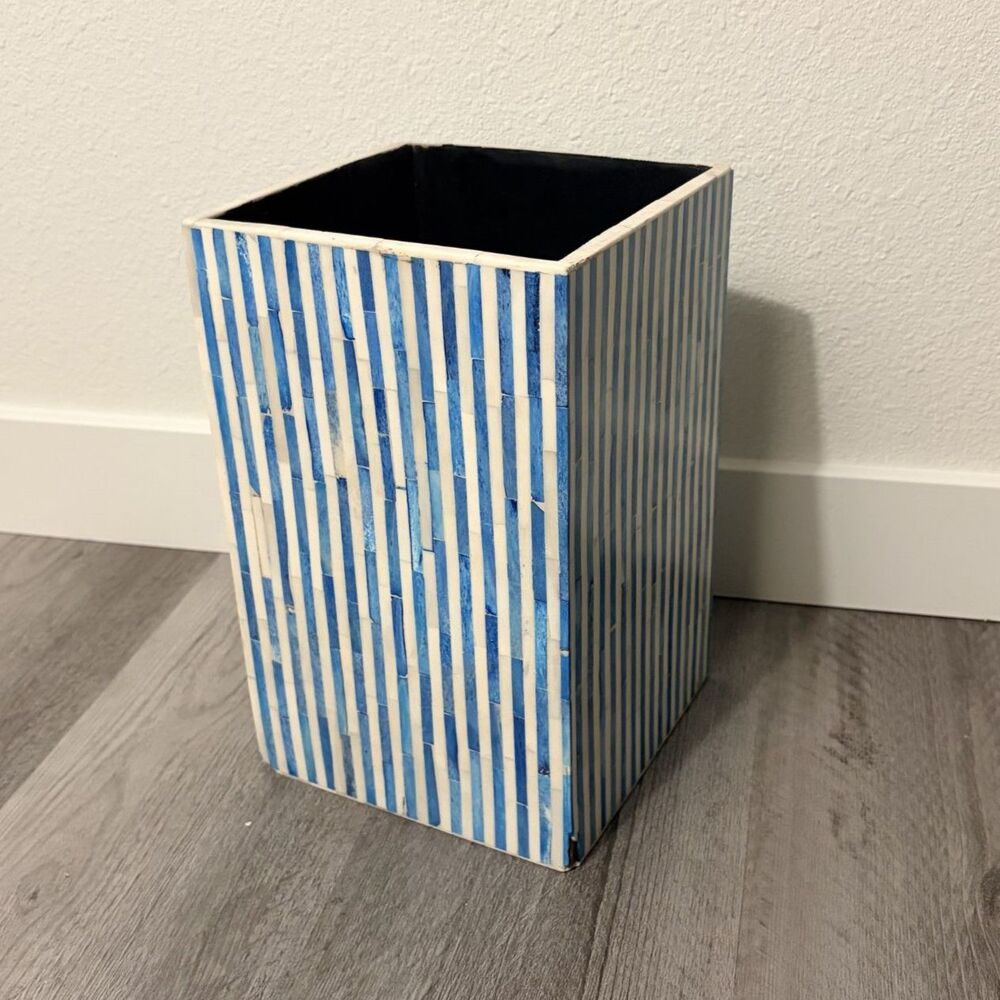 Between The Sheets Designer Bone Inlay Wastebasket Blue Stripes Coastal